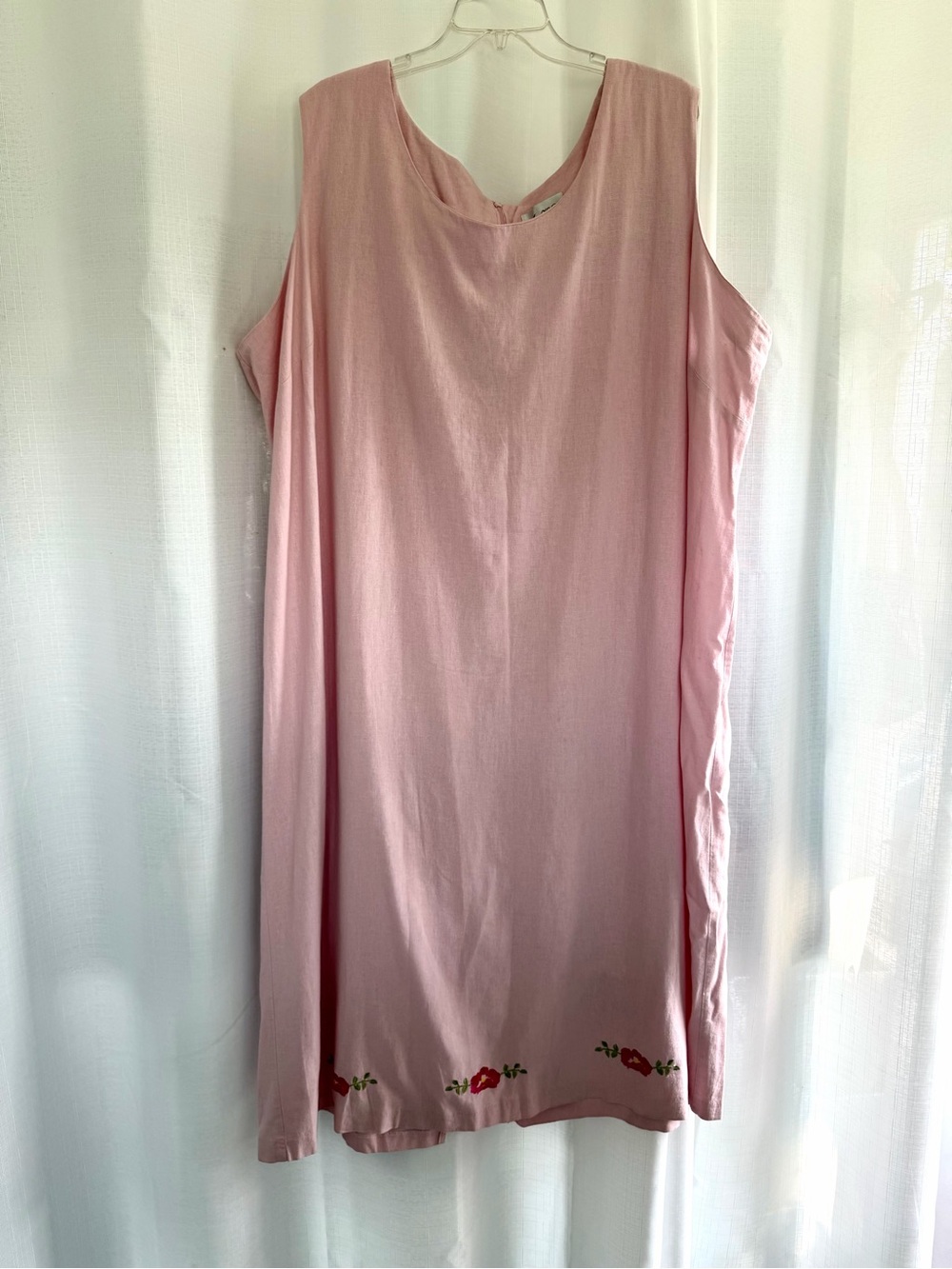 A.K.C. Women 5X Pink Linen Blend Sleeveless Shift Dress Floral Embroidered Midi